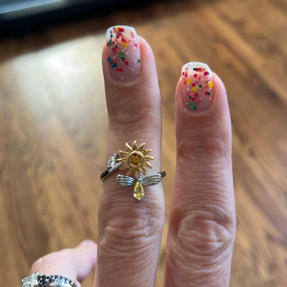 Crystal Silver Bee & Flower Spin Adjustable Ring